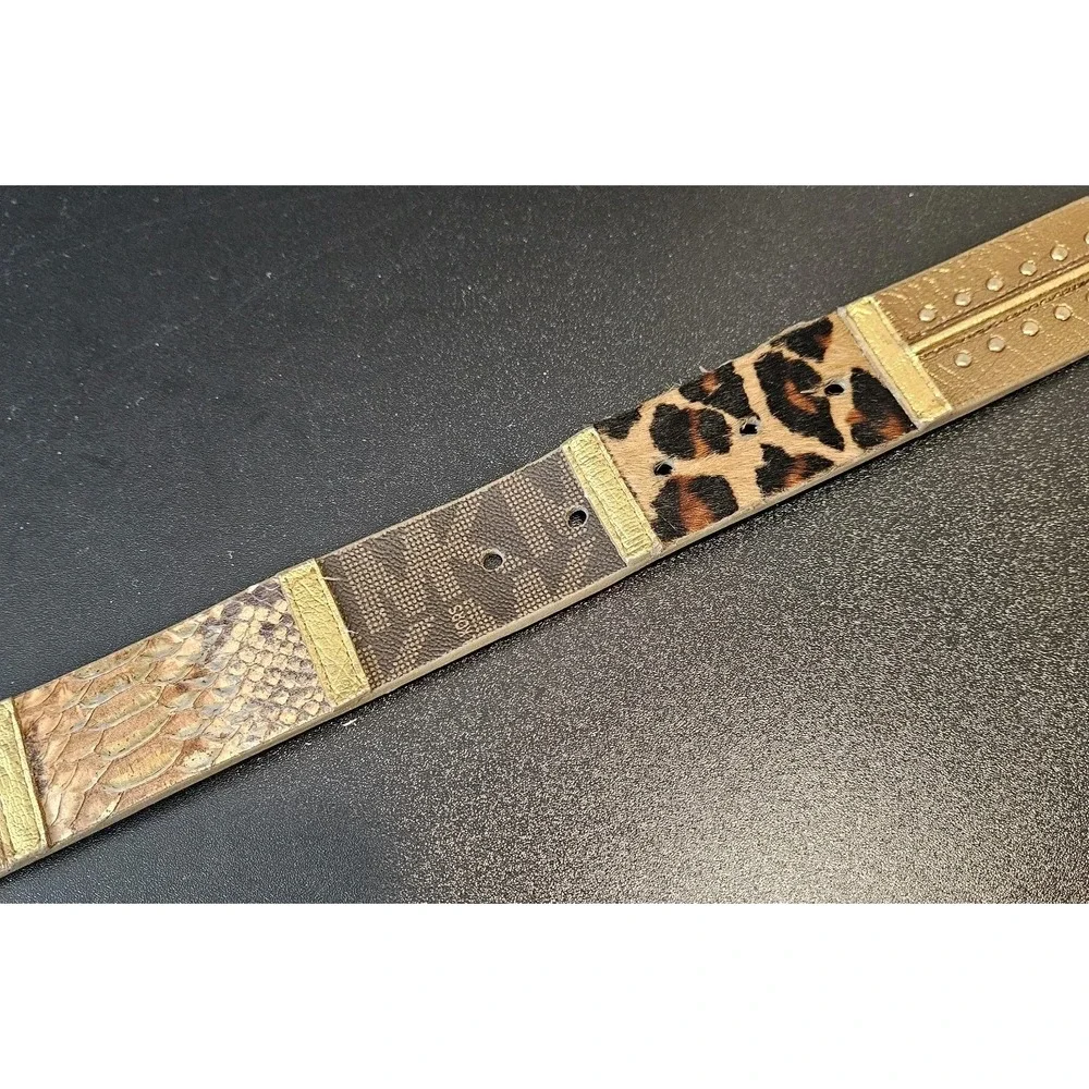 Michael Kors Womens Leather Belt Multi Texture MK Logo Animal Print Medium Gold‎